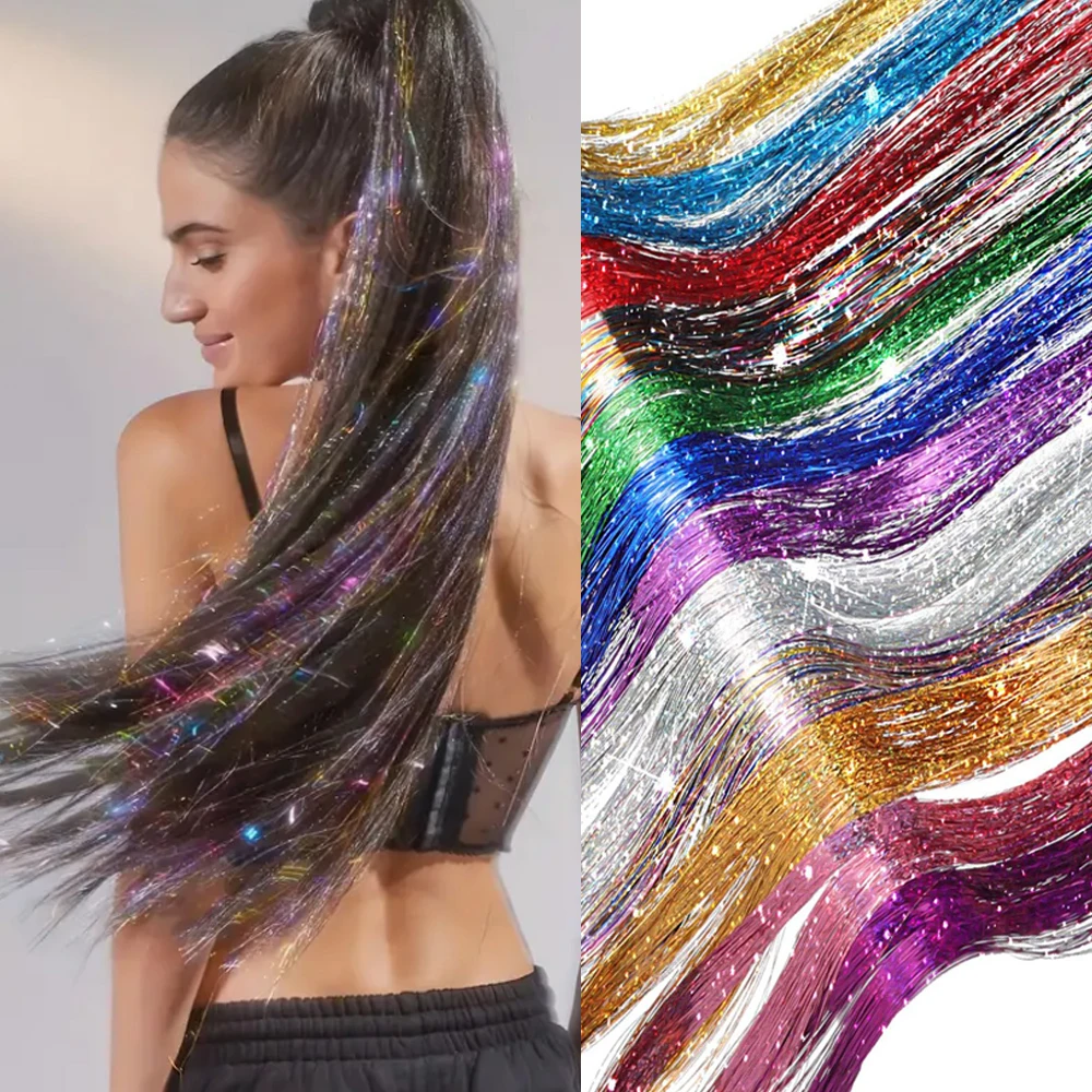 36/48Inch Sparkle Hair Tinsel Rainbow Colored Strands Girls Headwear Hairbinge Hair Laser False Hair Extensions Decor Glitter