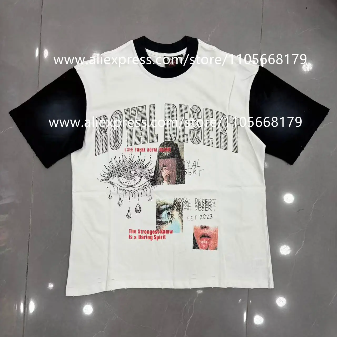 High-Quality Short-Sleeve T-Shirt with Rhinestone Embellishments, Washed and Distressed Print, Breathable High-Definition White Ink Direct Print, Casual Fashion, Niche High Street Style, Trendy