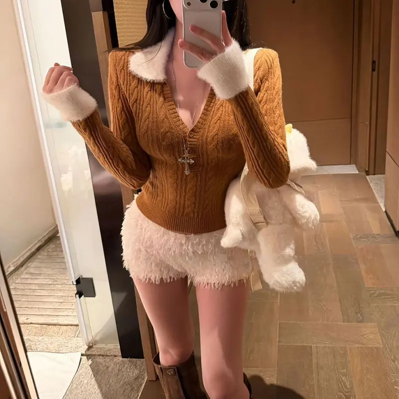 

Fashion Patchwork Contrasting Colors Pullovers Knitted Autumn Winter Korean Slim Women's Clothing Turn-down Collar Aura Sweaters