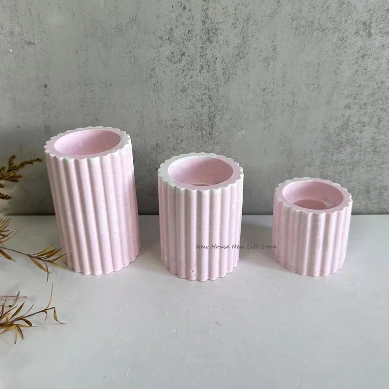 Striped Candlesticks Cement Silicone Mold DIY Cement Plaster Round Candle Holder Tray Pottery Mould Home Decor Candle Jar Making