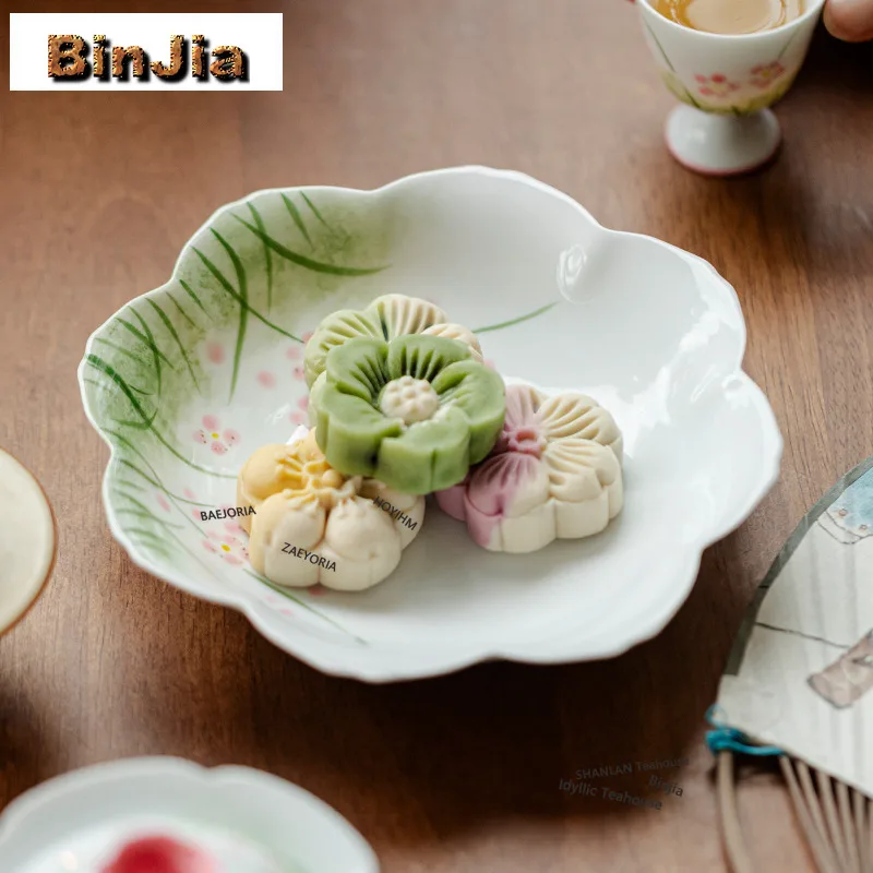 BAEJORIA Pure Hand-painted Pink Grass Pot Bearing Holder Vintage Flower Mouth  Dry Brew Table Tea Tray Fruit Plate Tea Set