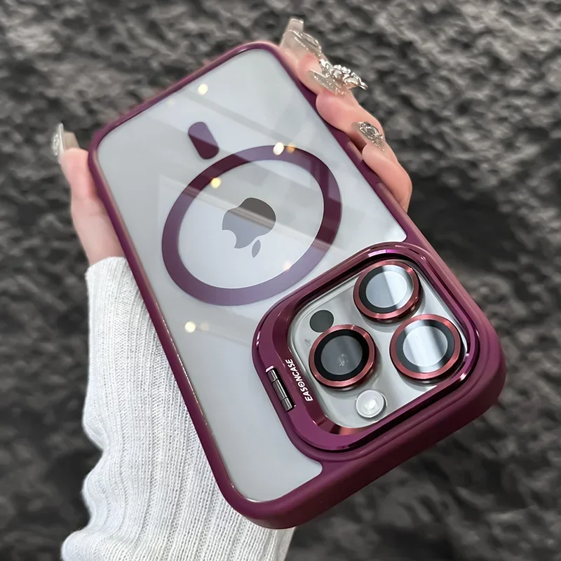 Luxe Magnetische Schokbestendige Telefoonhoes Voor Iphone 16 15 14 13 12 11 Pro Max Plus Pro Funda Stand Glazen Lensbescherming Achterkant