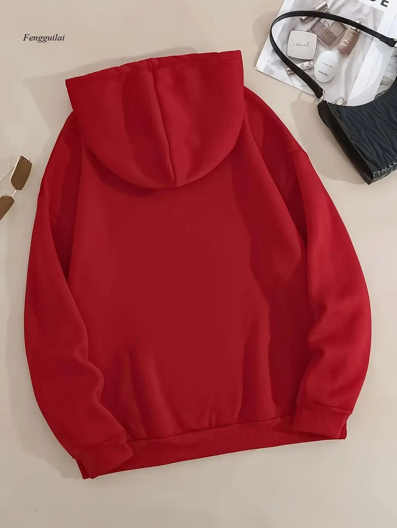 هوديي أسود مع بالون قلب أحمر وطباعة الطيور الزرقاء - سويت شيرت مريح للخريف/الشتاء، جيب الكنغر #4