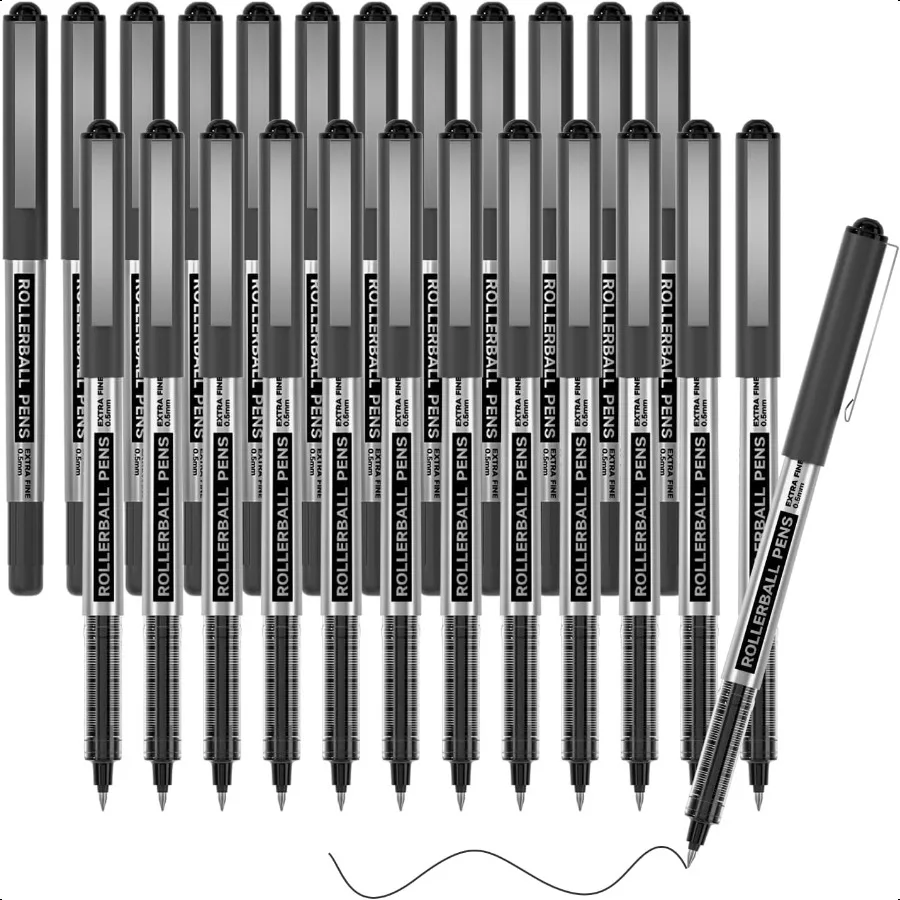 

RollerBall Pens 25 Pack Black Fine Point Roller Ball Pens 0.5mm Liquid Ink Pens for Writing Journaling Taking Notes School Offi