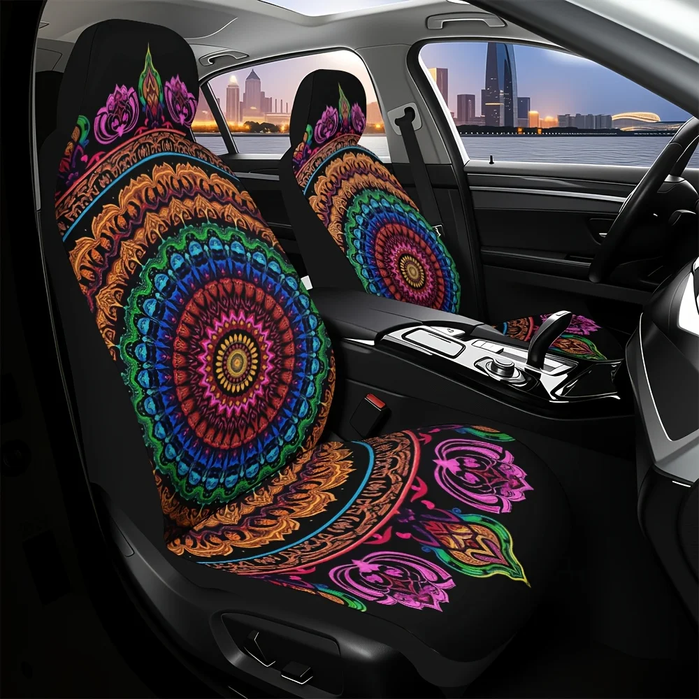2pcs Elegant Ethnic Mandala Print Front Seat Covers - Vibrant Multicolor Floral & Geometric Design, Quick-Remove & Washable, Dur