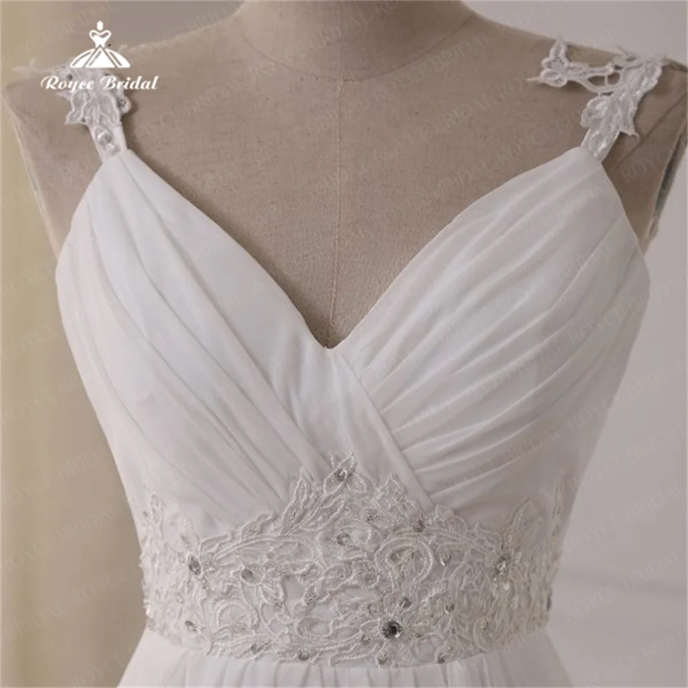 Robe de Mariée Trapèze en Mousseline de Soie, Bretelles Spaghetti, Col en V, Dentelle, Applique Florale, Volants à Plusieurs Niveaux, Patients, Peu importe pour Femme