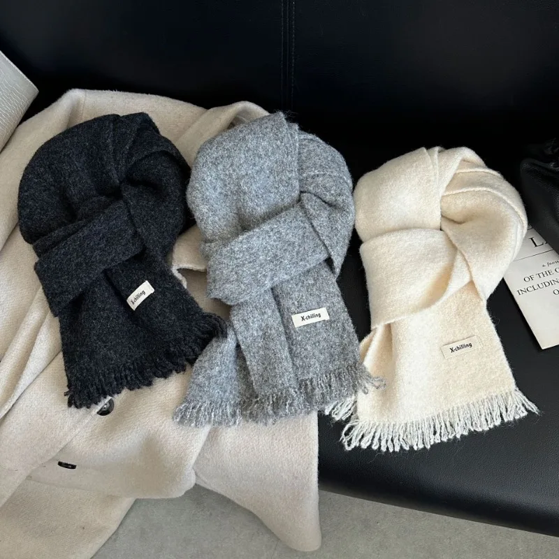 

New High Quality Solid Tassel Wool Blend Scarf Women Autumn Winter Knitted Thickened Couple Muffler Female Speckled Gray Scarves