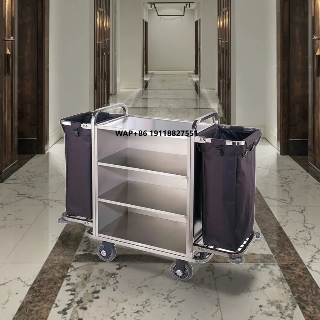 Lightweight Deluxe Stainless Steel Hotel Maid Cleaning Equipment Folded Janitor Cart Housekeeping Trolley Cleaning Carts