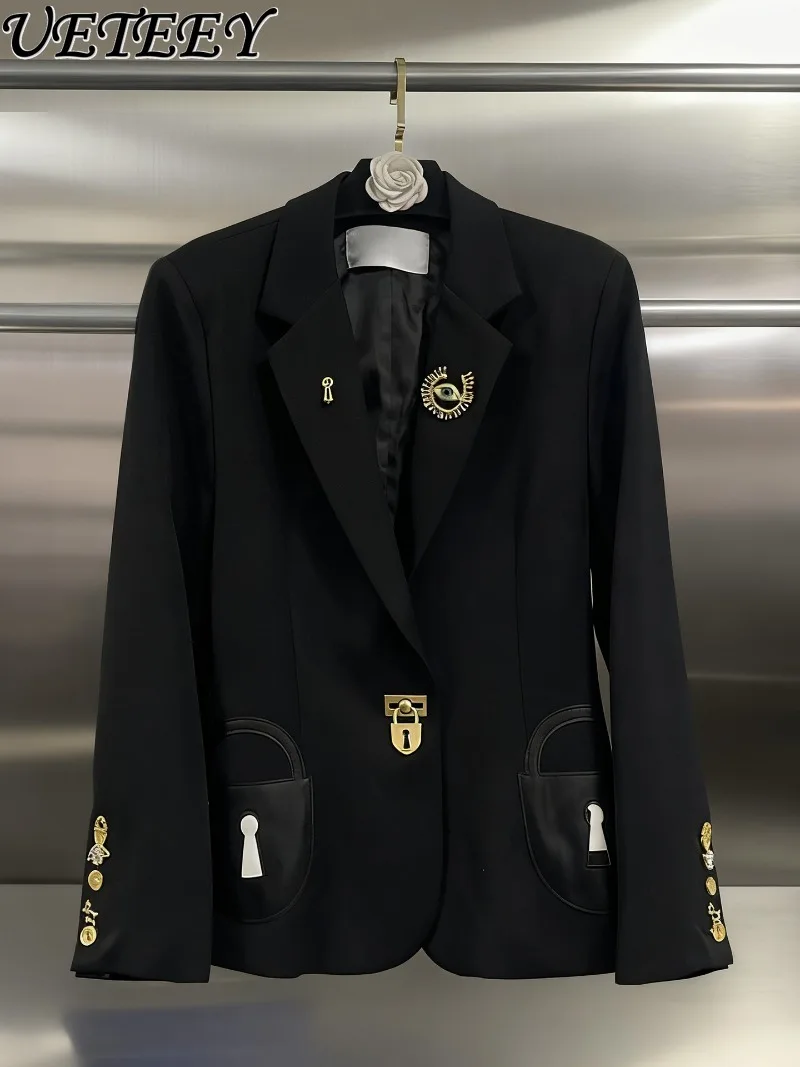 

European and American Style Unique Design Solid Color Elegant Long Sleeve Blazer Autumn New Fashion Black Versatile Suit Coat