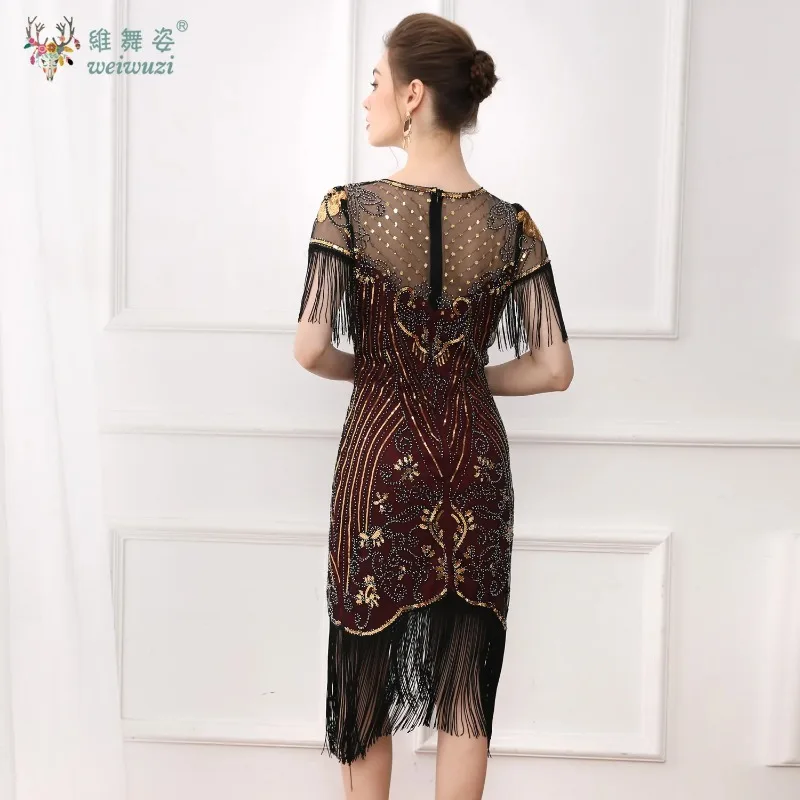 ヴィンテージボールプラスサイズスリムフィットスパンコールスタッズメッシュディープVネックドレス刺繍タッセル半袖ドレスカクテルパーティー