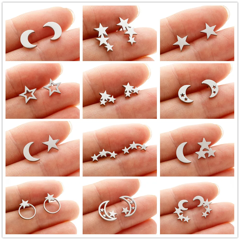 10Pairs/Lot Simple Star And Moon Stud Earrings Set For Women Silver Color Stainless Steel Ear Piercing Earring Jewelry Wholesale