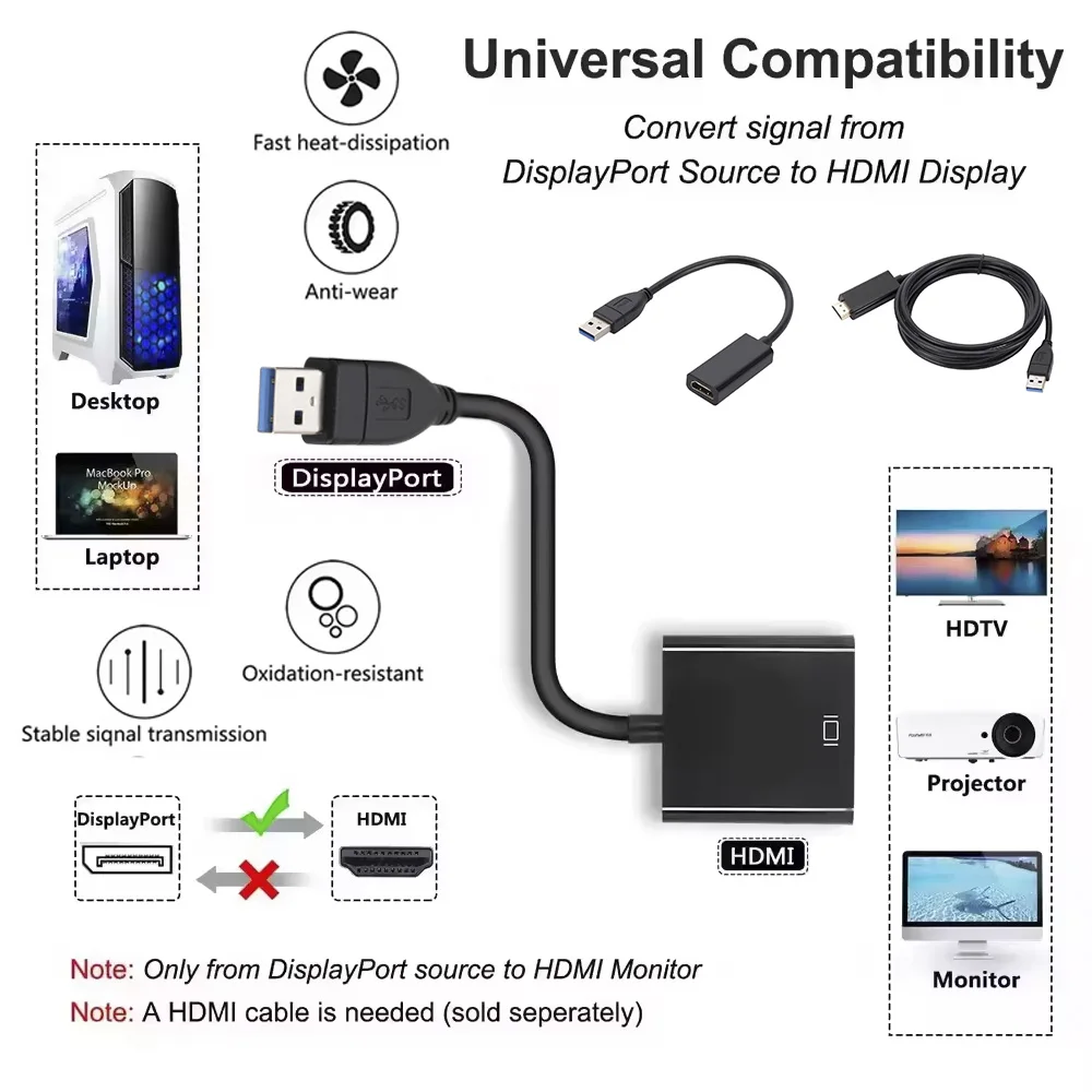 

Plug & Play USB to HDMI Cable - 1080P Audio & Video Sync, Supports Laptops, Desktops & Phones