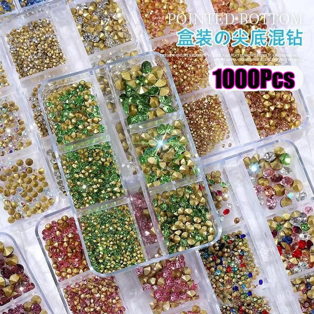 1000-1440Pcs/Box Cone Bottom r K9 Glass Nail Crystal 6Grids AB/Clear/Red Pointed Nail Art Rhinestone 3D  Shiny Luxury Diamond