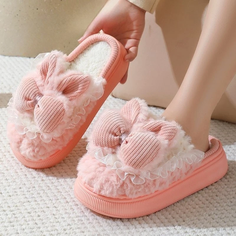Hot Sale Unique Women's Fuzzy Plush Slippers with Bowknot Bunny Ears Winter Warm Anti Slip Indoor Home Shoes