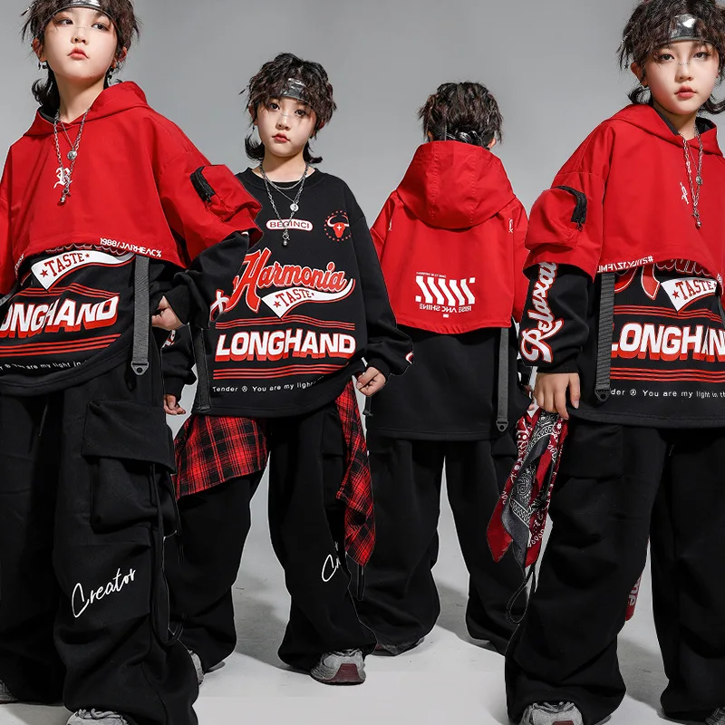 Hip Hop Street Dance Kleidung Red Crop Hoodie Print Sweatshirt Schwarze Hose für Mädchen Jungen Jazz Dance Kostüm Bühnenkleidung