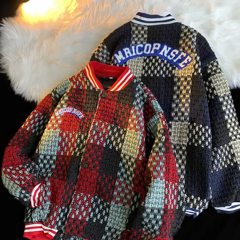 

American Retro Baseball Jaet Men's Autumn Loose Plaid Woolen Coat Hong Kong Sle Casual Faionable Youth Outerwear