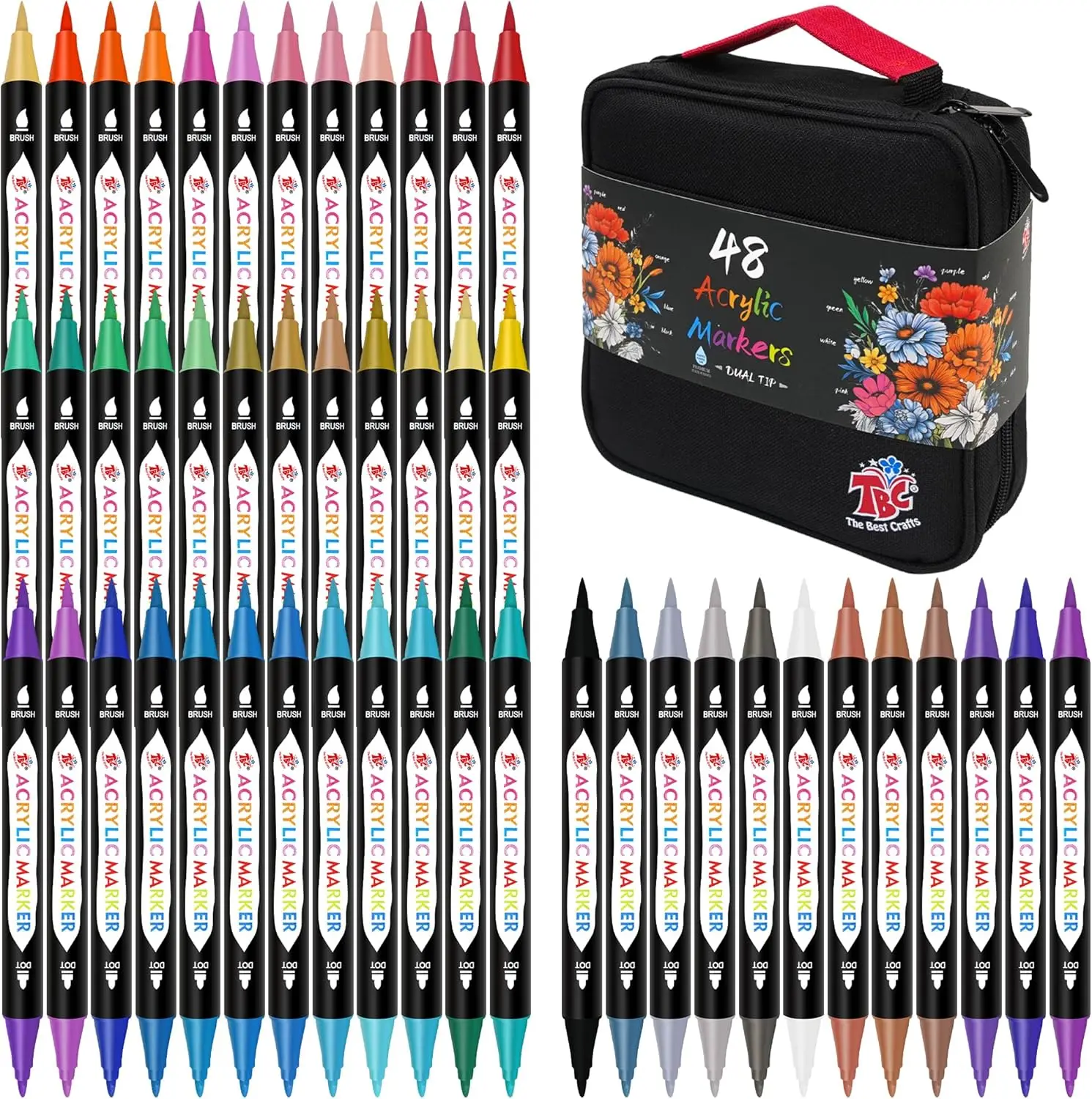 

48 Colors Dual Tip Acrylic Paint Markers with Double Zipper Canvas Bag for Paper, Pottery, Stones, Glass, and Outdoor Painting