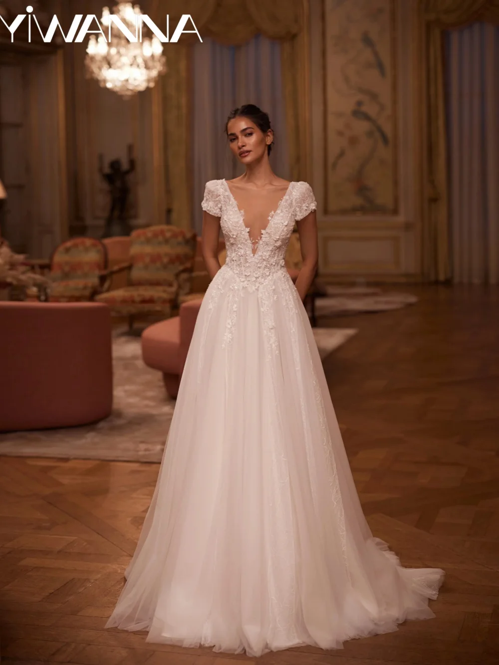 

New Arrival Elegant Beaded Wedding Dress 3D Floral A-line Long Bridal Gown Customized Classic Short Sleeve Dresses For Bride