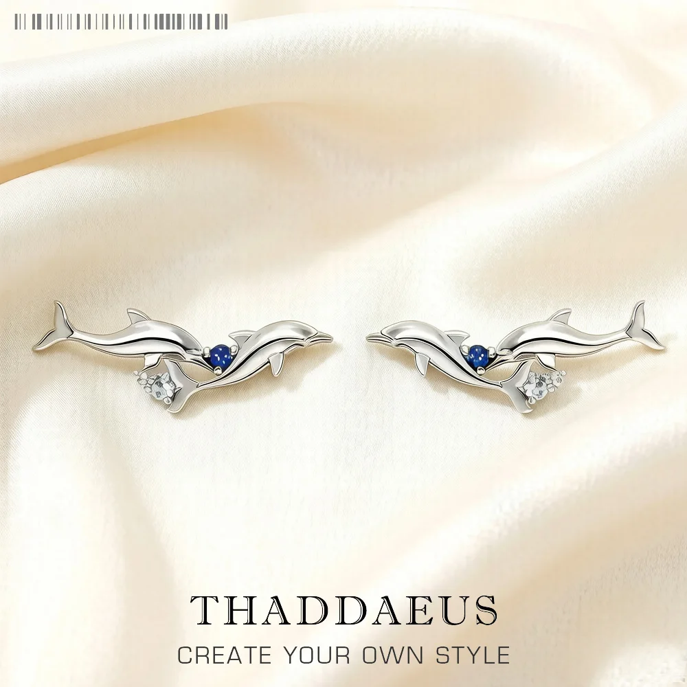 

Ear Climber Dolphins With Blue Stones,Europe Style Fine Jewerly For Women Handcrafted Gift In 925 Sterling Silver