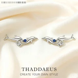 Ear Climber Dolphins With Blue Stones,Europe Style Fine Jewerly For Women Handcrafted Gift In 925 Sterling Silver