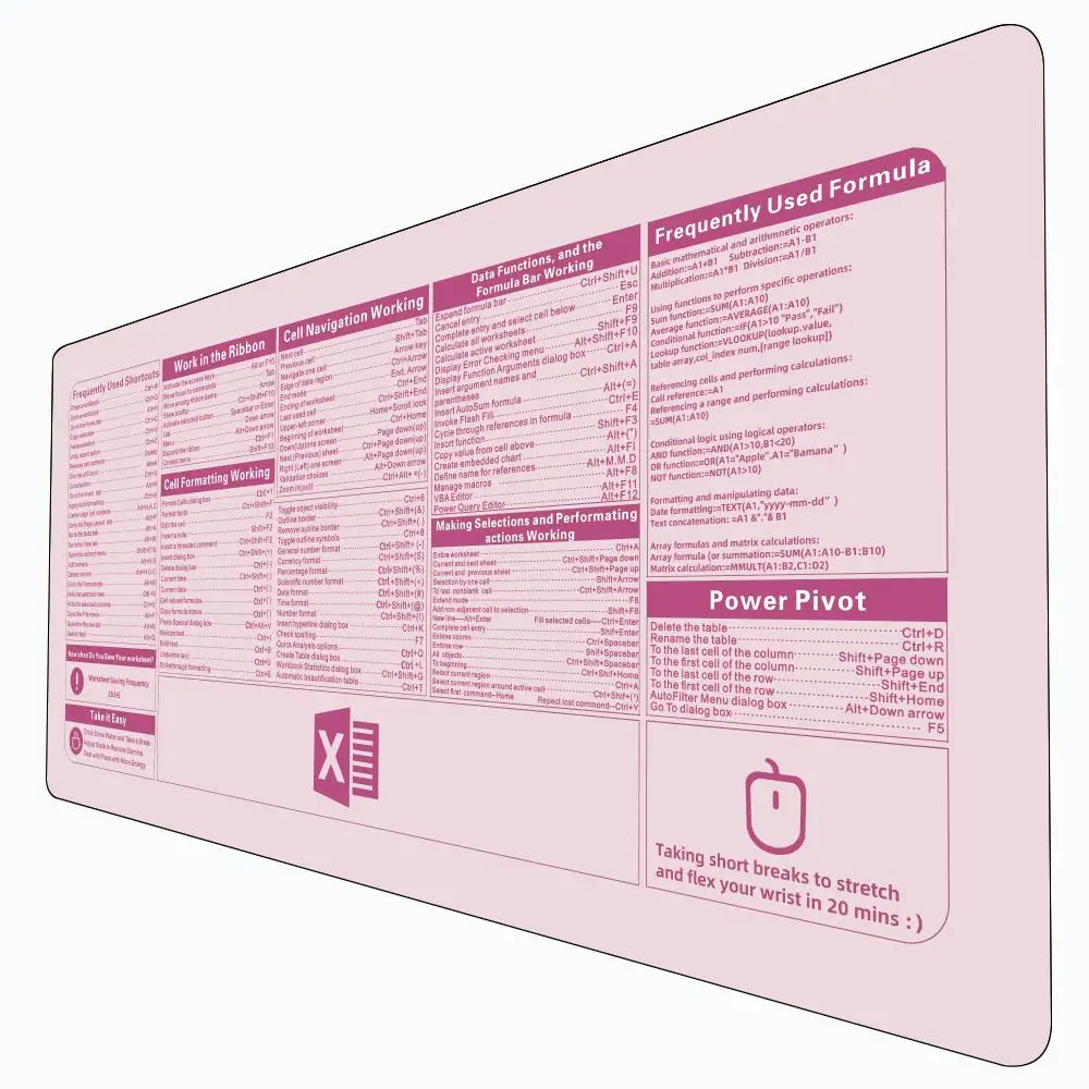Large Excel Cheat Sheet Keyboard Desk Pad, Cheat Table Mouse pad, Over 150 Excel Shortcuts, Non-Slip Sewn Edge for Office