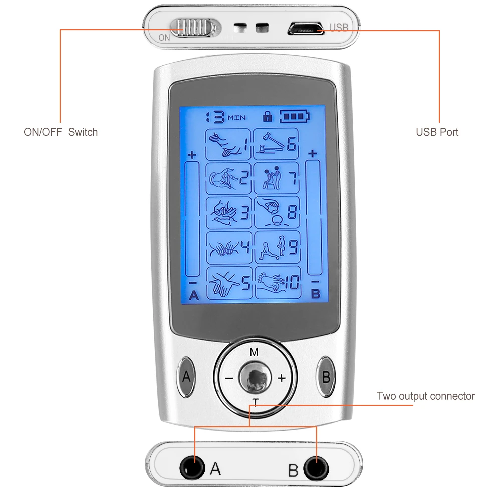เครื่องนวดกระตุ้นการกระตุ้น10โหมดนับสิบกล้ามเนื้อ EMS เครื่อง Relief อาการปวดความถี่ต่ำไฟฟ้าเอาต์พุตคู่