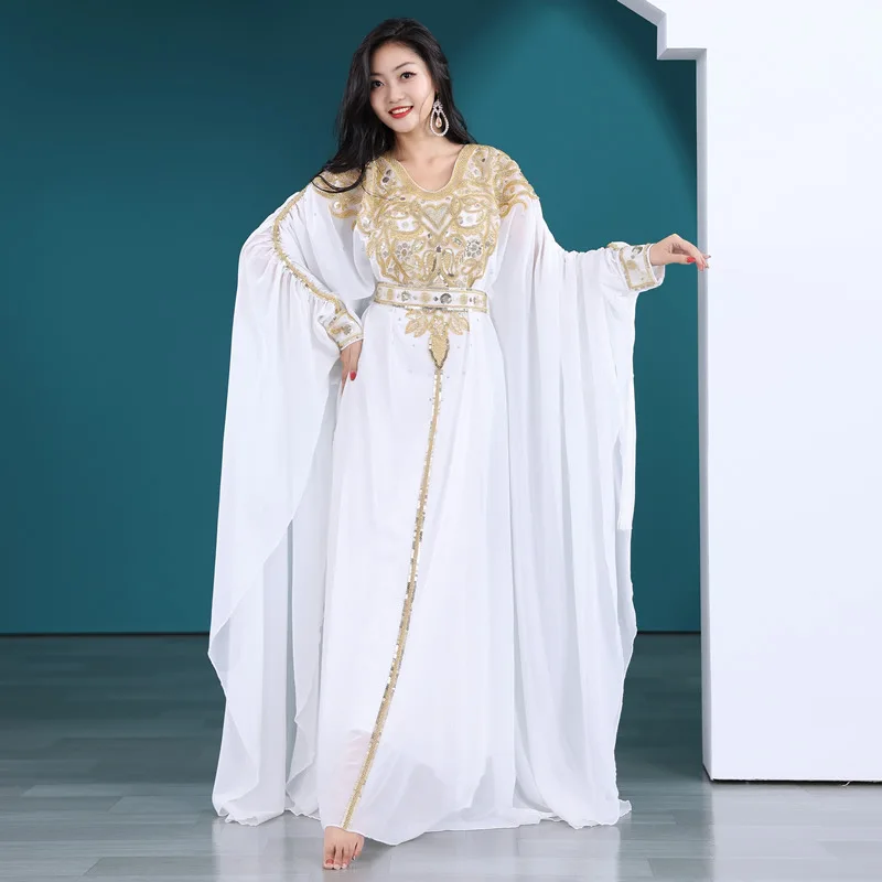 Egyptian Traditional Khaleeji Thobe Dress Folk Dance Belly Dance Kaftan Dress Rhinestone Competition Khaleegy Costume with Belt