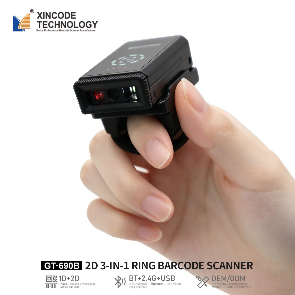 Xincode 2D 2.4G Wireless Mini Qr Barcode Scanner Inventory Portable Finger Bar Code Reader Ring Pocket Scan Magnetic X-690B