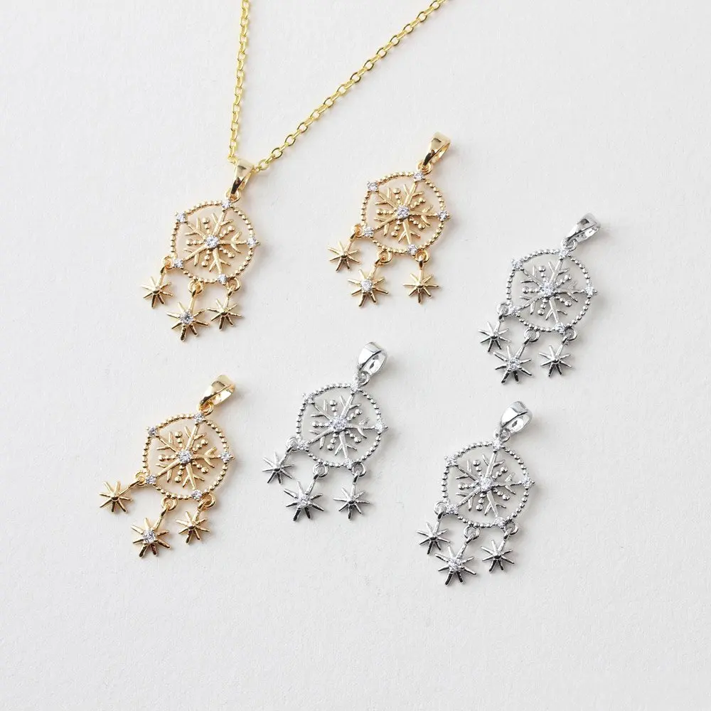 2PCS Retro Snowflake Charms Celestial North Star Pendant Jewelry Making Supplies DIY Hand Made Brass 18k Gold Plated 14*30mm