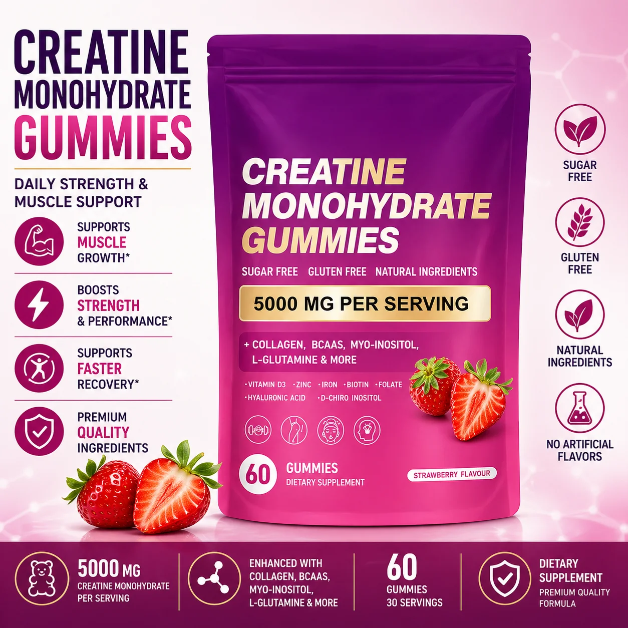 Creatine Monohydrate Gummies with Collagen BCAA and Vitamins Fitness Supplement Strawberry Flavor Daily Workout Support Sugar