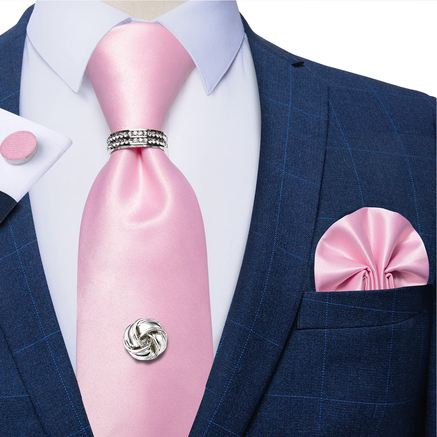 8cm Men's White Wedding Tie Set with Tie Tack Chain Solid Blue Green Red  Polyester Necktie Handkerchief Cufflinks Accessory