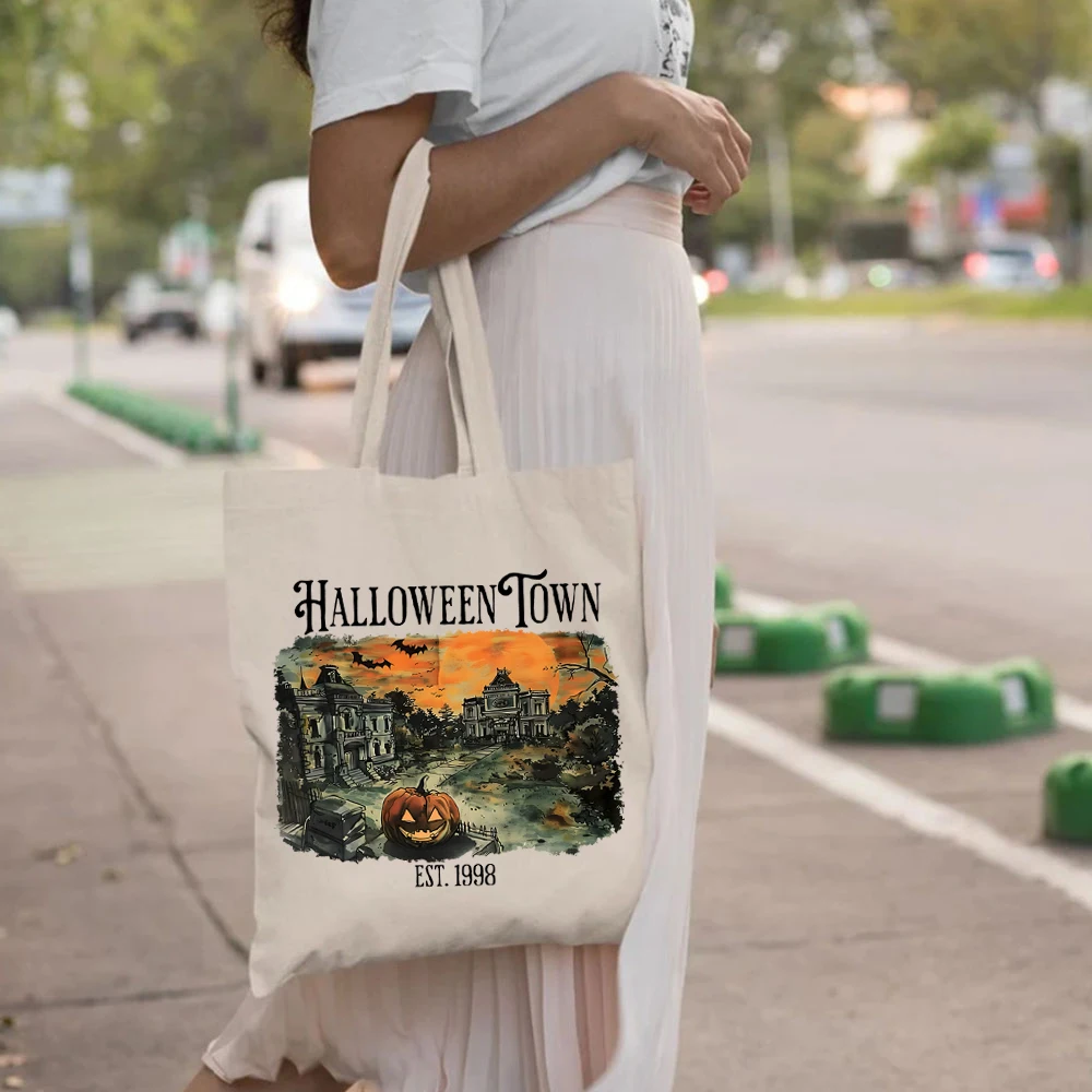 Halloweentown Fall Print Tote Bags Pumpkin Halloween Spooky Season Ladies Shopping HandBags Vintage Halloween Fashion Womens Bag