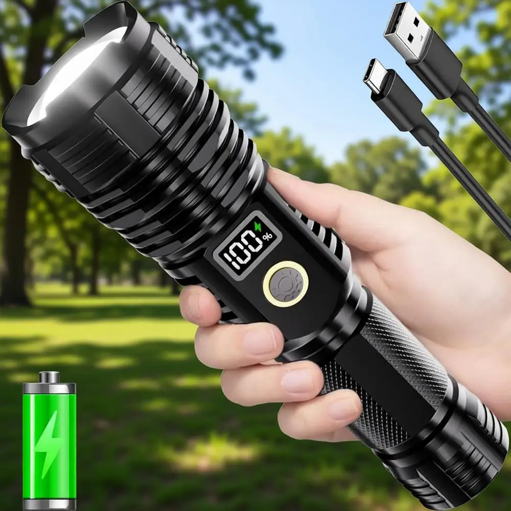 

10000LM Rechargeable LED Flashlight, High-Brightness Zoomable Light with LCD Display, Waterproof for Tactical and Outdoor Use