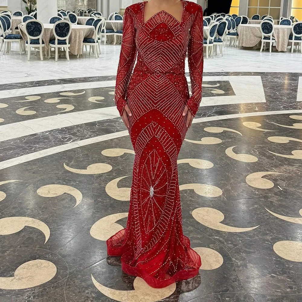 Mermaid Square Neck Organza Full Sleeves Red Exquisite and Temperament Evening Dresses Beading Crystal Pleats Saudi Arabia 2024