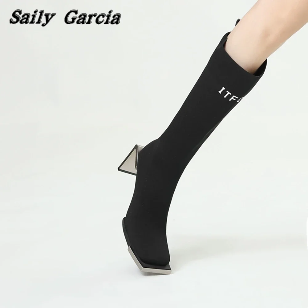 Square Toe Elastic Fabric Metal Strange Heel Sock Boots Black Elasticity Knee High Sexy Women Boots 2023 New Fashion Casual Boot