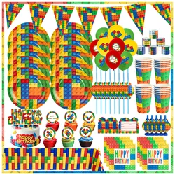 New Building Block Birthday Party Decoration Kit Colorful Building Block Tableware Background Balloons Supplies Deco Set for Kid