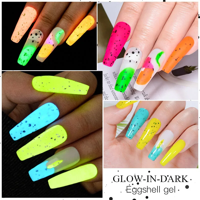 MEET ACROSS 8Pcs/Set Eggshell Fluorescent Glow In Dark Gel Nail Polish Glitter Luminous Semi Permanent Nail Art Gel Varnish Kit
