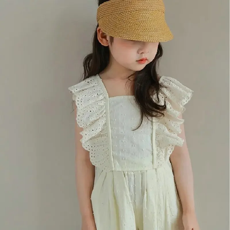 Summer Two-piece Set for Girls Bowknot Nylon Lace Sleeveless  A Textured Top +pants Kids Clothes Girls  Kids Boutique Clothes