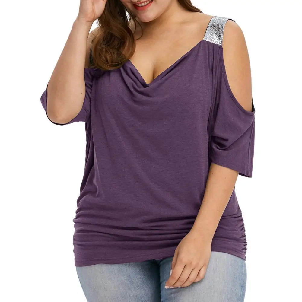 Plus Size Fashion Cold Shoulder T-Shirt Shirt V-Neck Top Tee Summer Casual Ladies Tops Female Women Short Sleeve Pullover