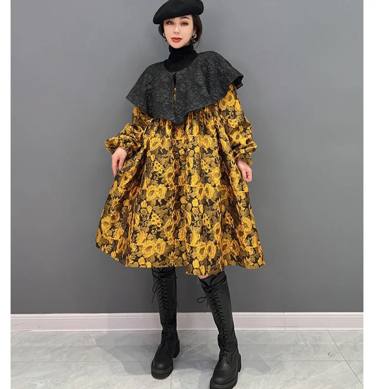 Vefadisa 2024 Autumn New Red Vintage Printed Women Dress Peter Pan Collar Lantern Sleeve Loose Cute Mid-length Dress ZXY764A