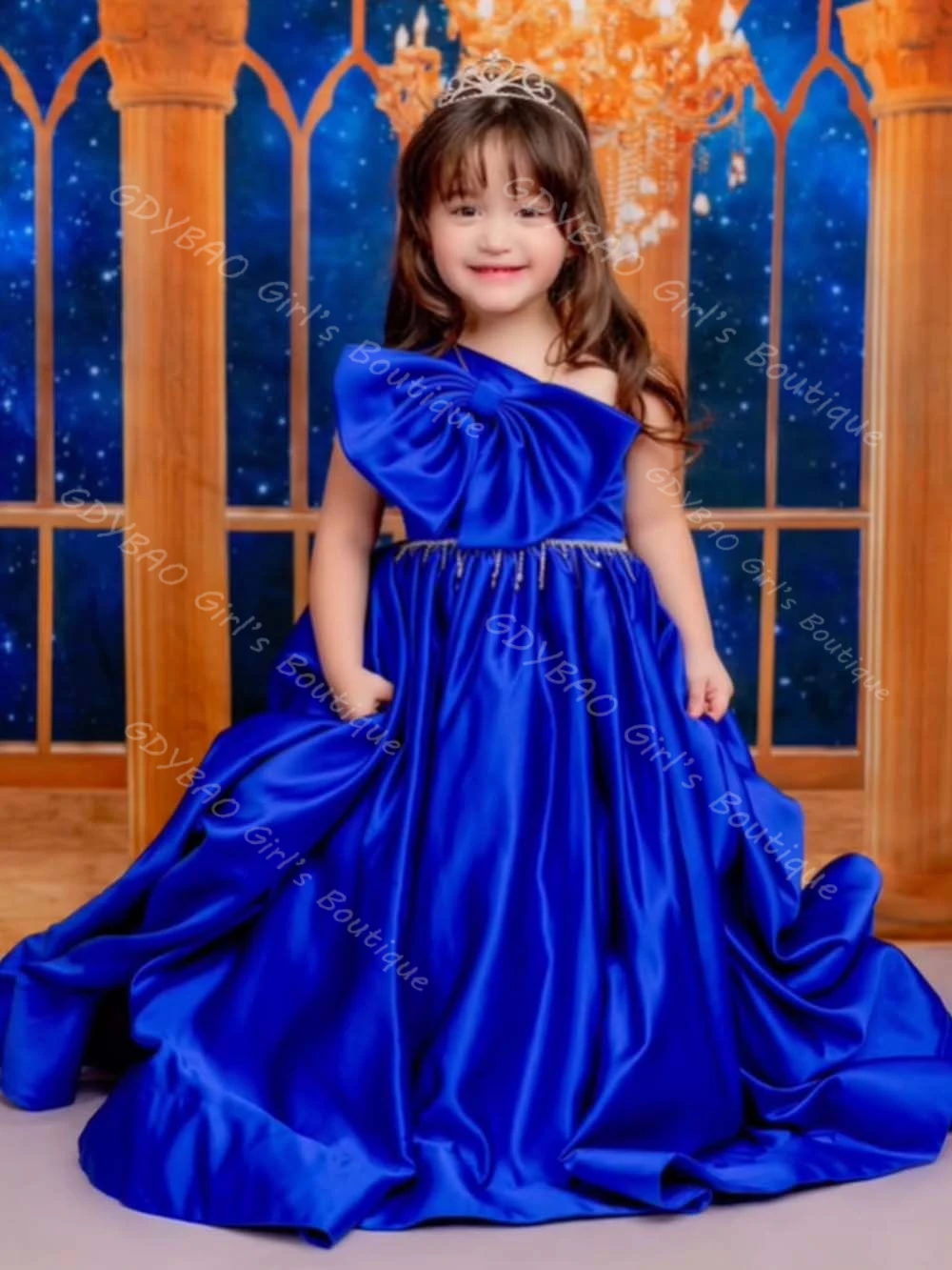 Vestido de fiesta azul real para niñas, vestido de baile de un hombro, vestido de princesa para cumpleaños con tren, vestido personalizado de flores para boda para niños de 2 a 14 años