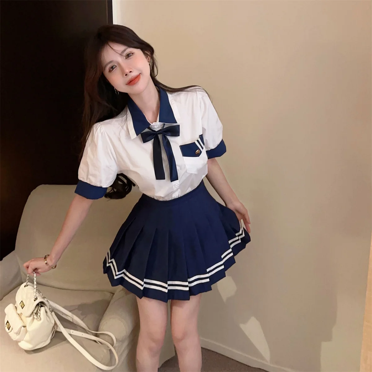 

Campus JK Uniform Set Women's Summer College Style Bow Short Sleeve Shirt High Waist pleated Skirt Two Piece Set