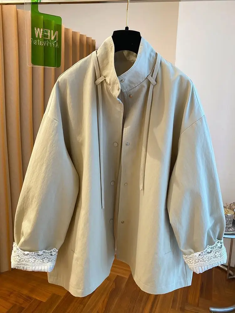 

New Lace Long-sleeved Trench Coat Women Loose Tops Stand-up Collar Single-breasted Spring Autumn Female Windbreakers Outerwear