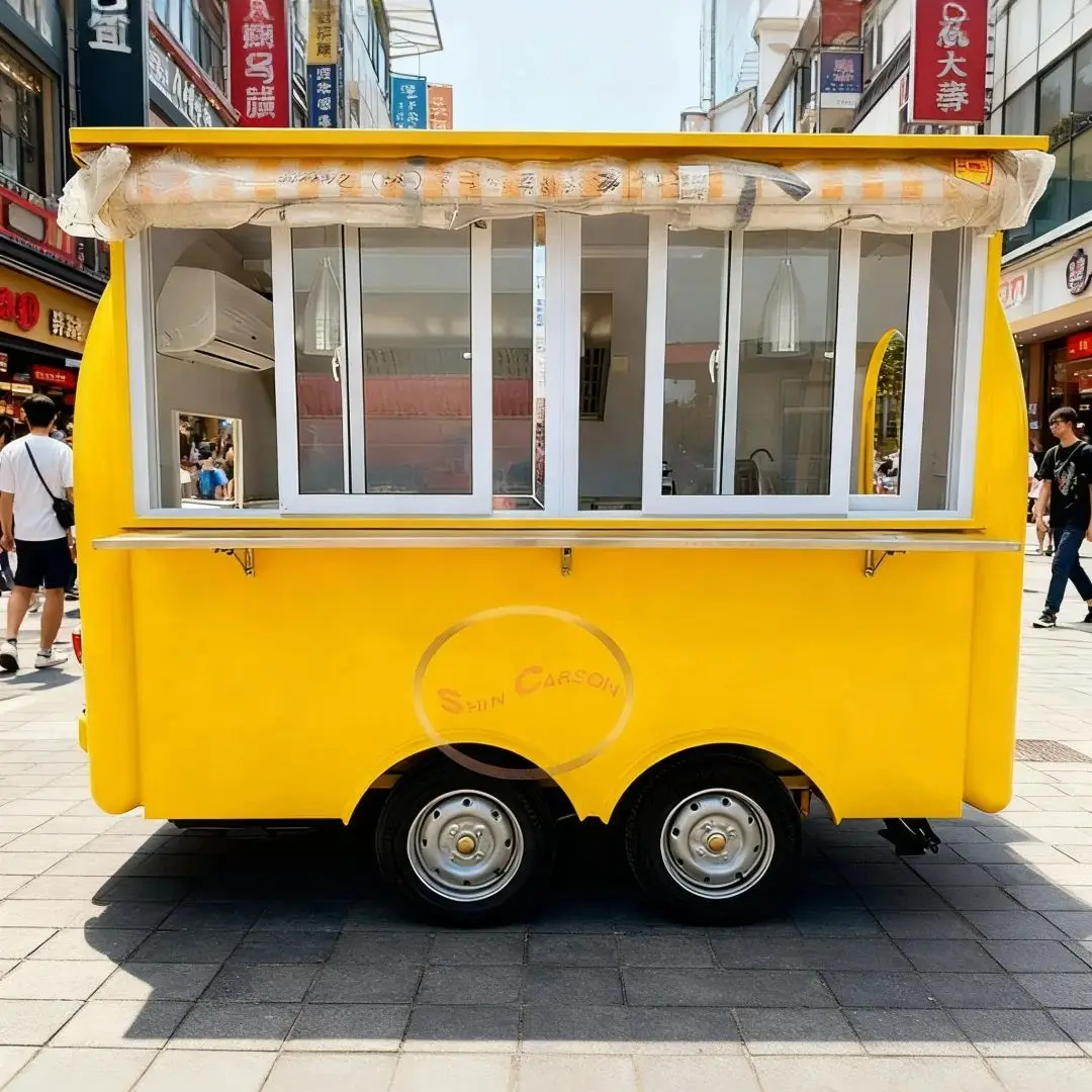 

Outdoor Food Trailer Light Yellow Bright Yellow with Multiple Large Glass Windows Retractable Window Awnings for Shelter