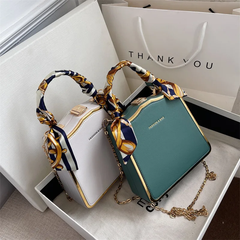 Box Bag with Scarf Handle Vintage Square Totes Pu Leather Handbag And Purse For Women New Fashion Brand Shoulder Crossbody Bag