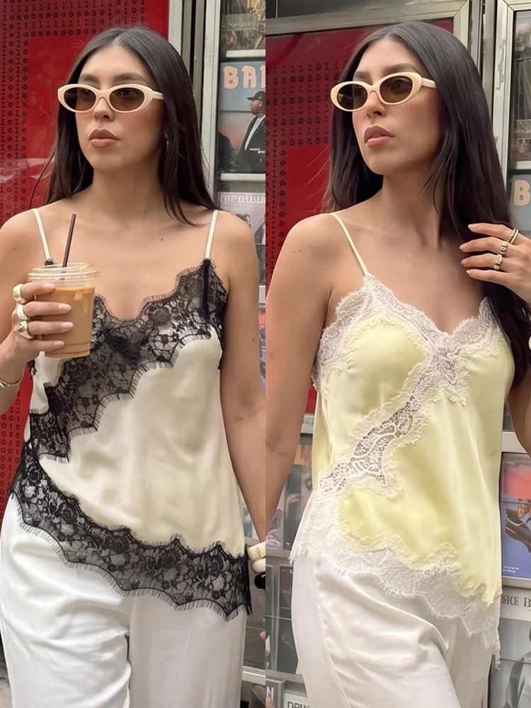 HH Women Elegant Lace Camis Top Spaghetti Straps Lace Splicing Hollow V Neck Irregular Hem Top 2026 Summer Wedding Party Wear