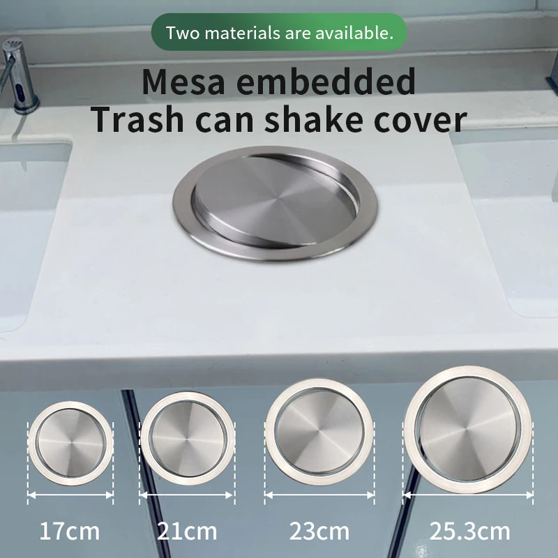 Leasylife Stainless Steel Round Countertop Embedded Trash Can Lid, Sink Built-in Garbage Can Shaking Cover Flip, for Kitchen