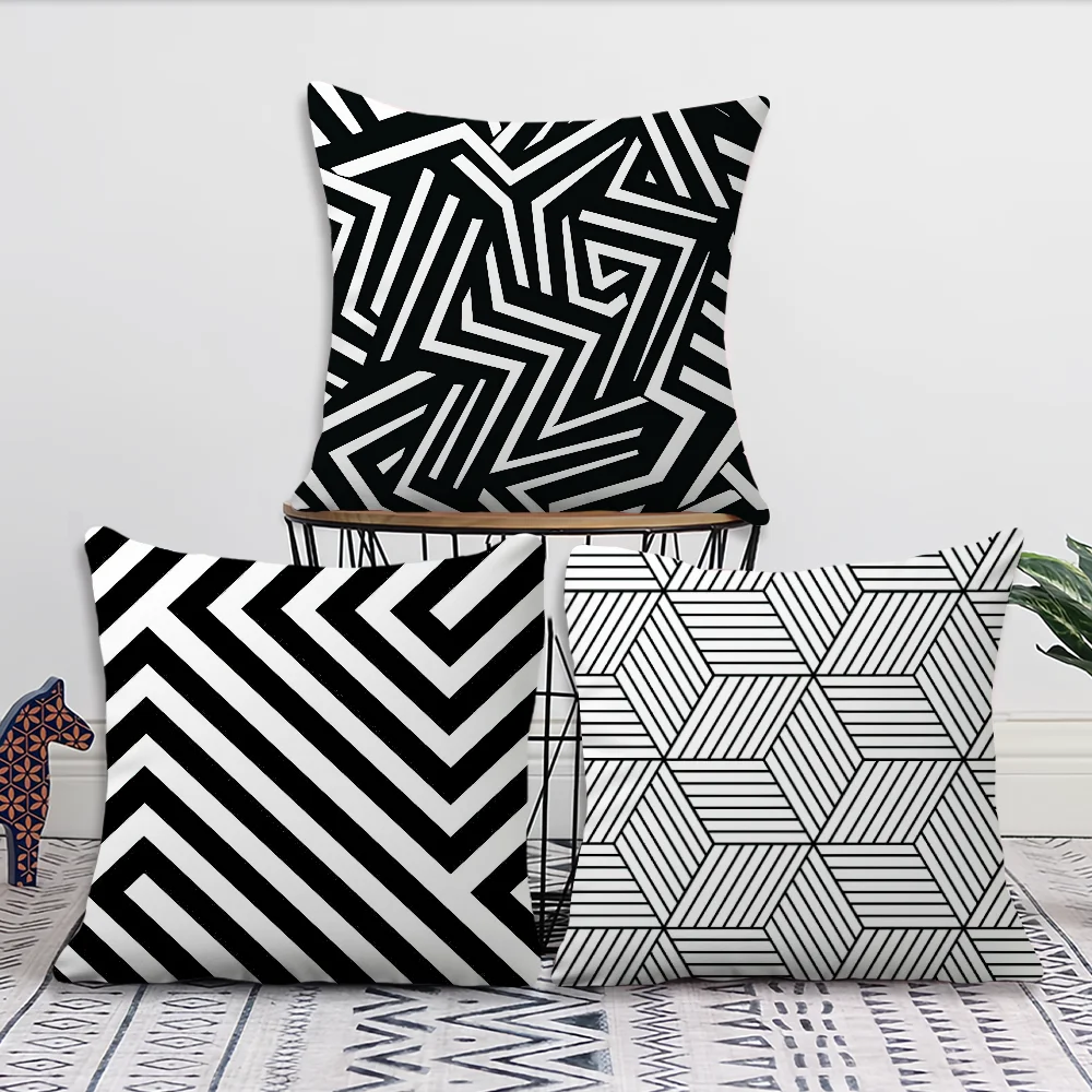 Black and White Geometric Line Star Pillow Case Living Room Accent Couch Back Support Square Lounge Restful Nap Companion ﻿