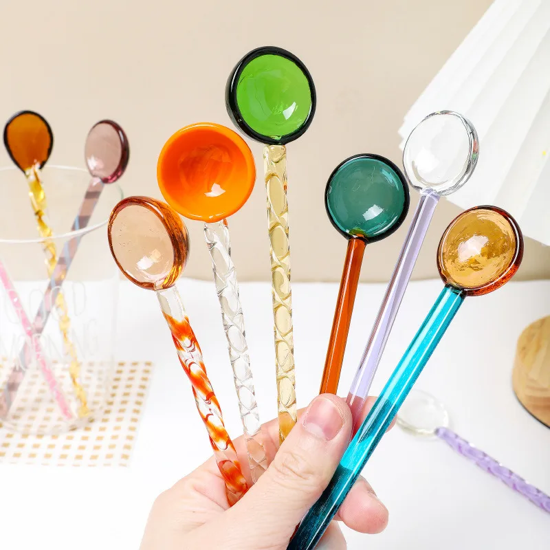 1PC Glass Milk Spoon Colored Transparent Coffee Dessert Stirring Spoons Long Spiral Handle High Temperature Resistant Kitchen