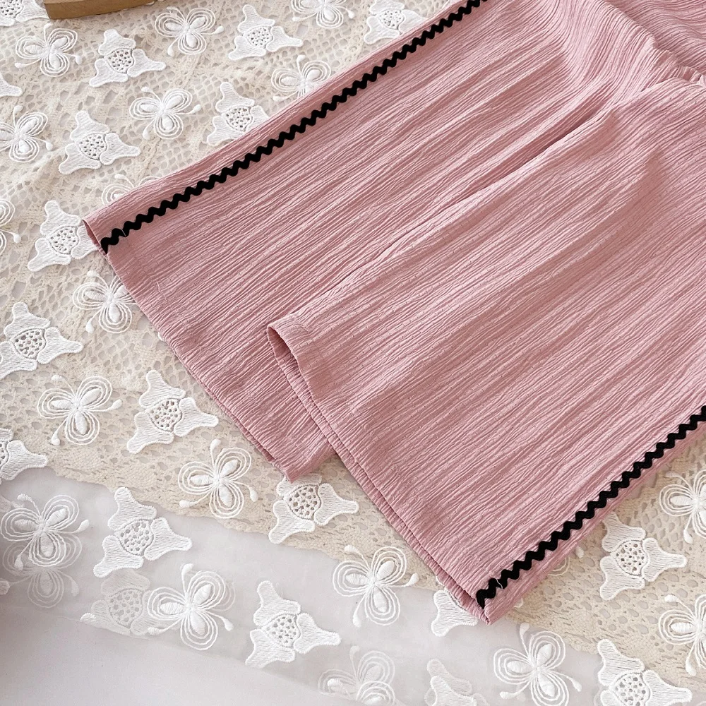 Kinderanzug, einfarbig, V-Ausschnitt, Strickjacke mit Schleife, Hose mit weitem Bein, 2-teilig, süßer, lässiger Stil – Detail 7